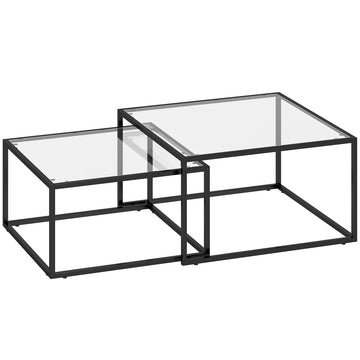 Couchtafel set 2-delig met gehard glas | Kleur: Zwart | Afmetingen: 75x75x42 cm
