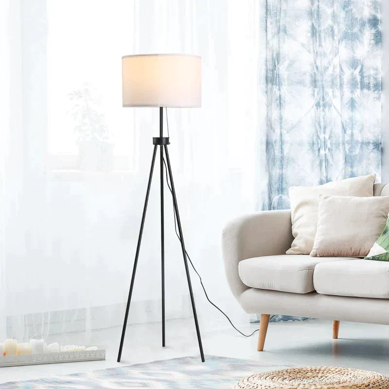 Staande lamp op driepoot met stoffen kap | Kleur: Zwart/Wit | Afmetingen: 37x37x152 cm