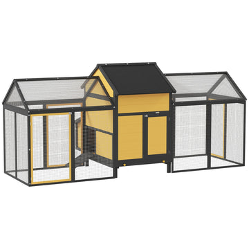 Kippenhok met kippenren en nestkast | Kleur: Geel, Zwart | Afmetingen: 125x247x113.5 cm