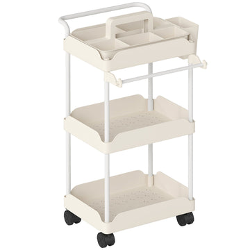 Metalen opbergtrolley met 3 manden en wielen | Kleur: Wit | Afmetingen: 42.5x42x76 cm