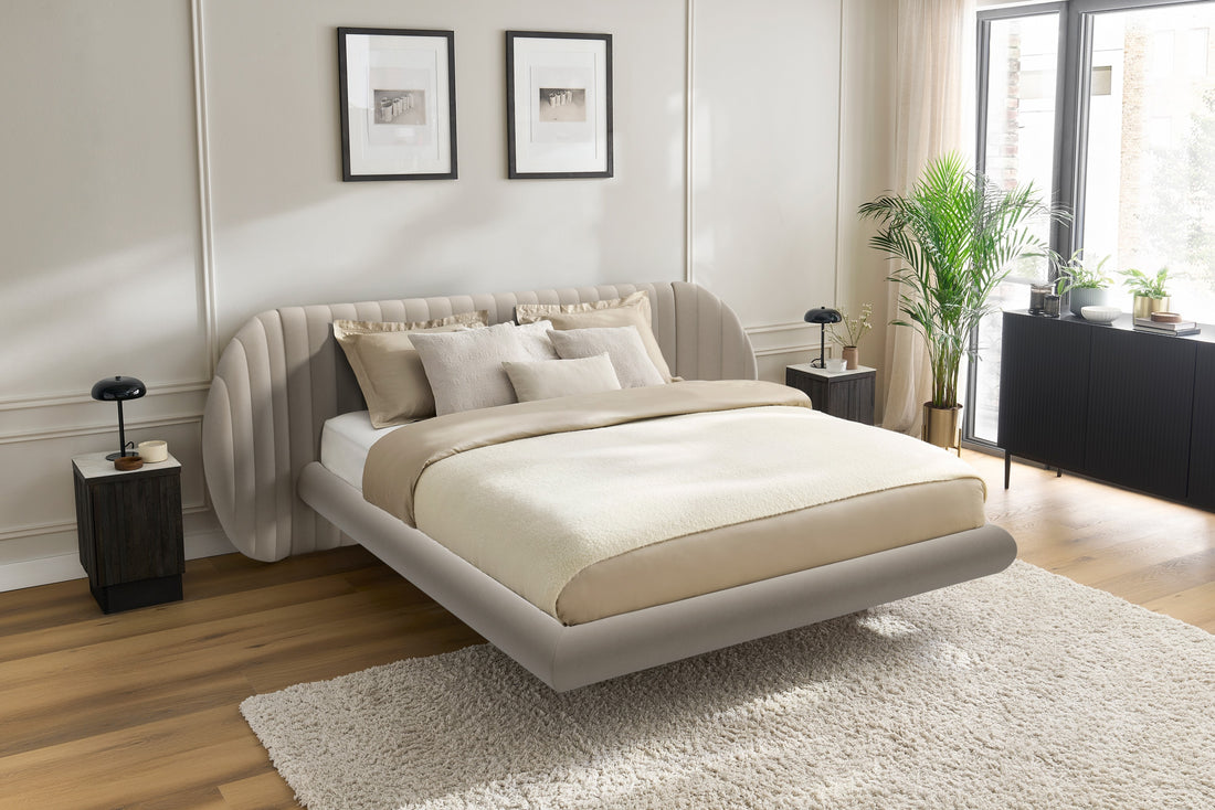 Galin zwevend slaapkamerbed met fluwelen bekleding en verstelbaar hoofdeinde | Beige | 180x200 cm