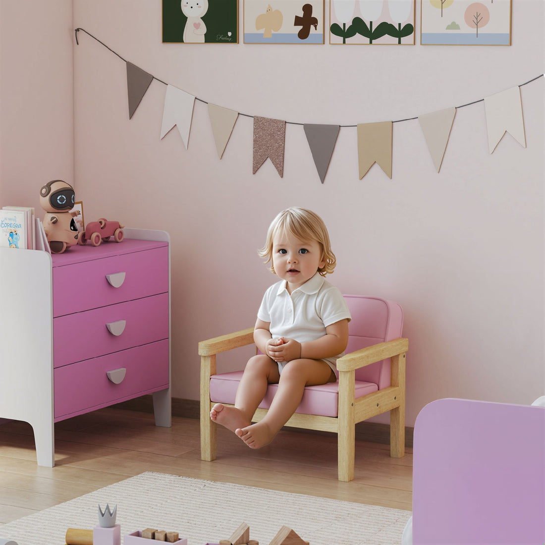 Roze corduroy kinderfauteuil voor 3-8 jaar | Kleur: Roze | Afmetingen: 46.5x44x45 cm