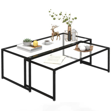 Set van 2 salontafels met glazen blad | Kleur: Zwart | Afmetingen: 56x119x44.5 cm