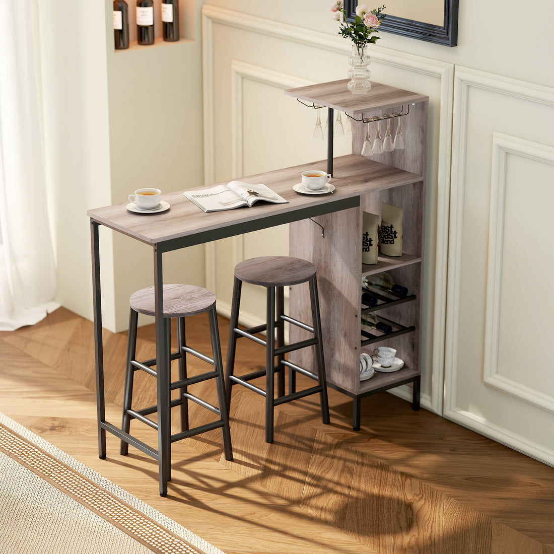 Bartisch-Set mit 2 Barhockern und Weinregal | Farbe: Grau | Abmessungen: 121,5x40x122 cm