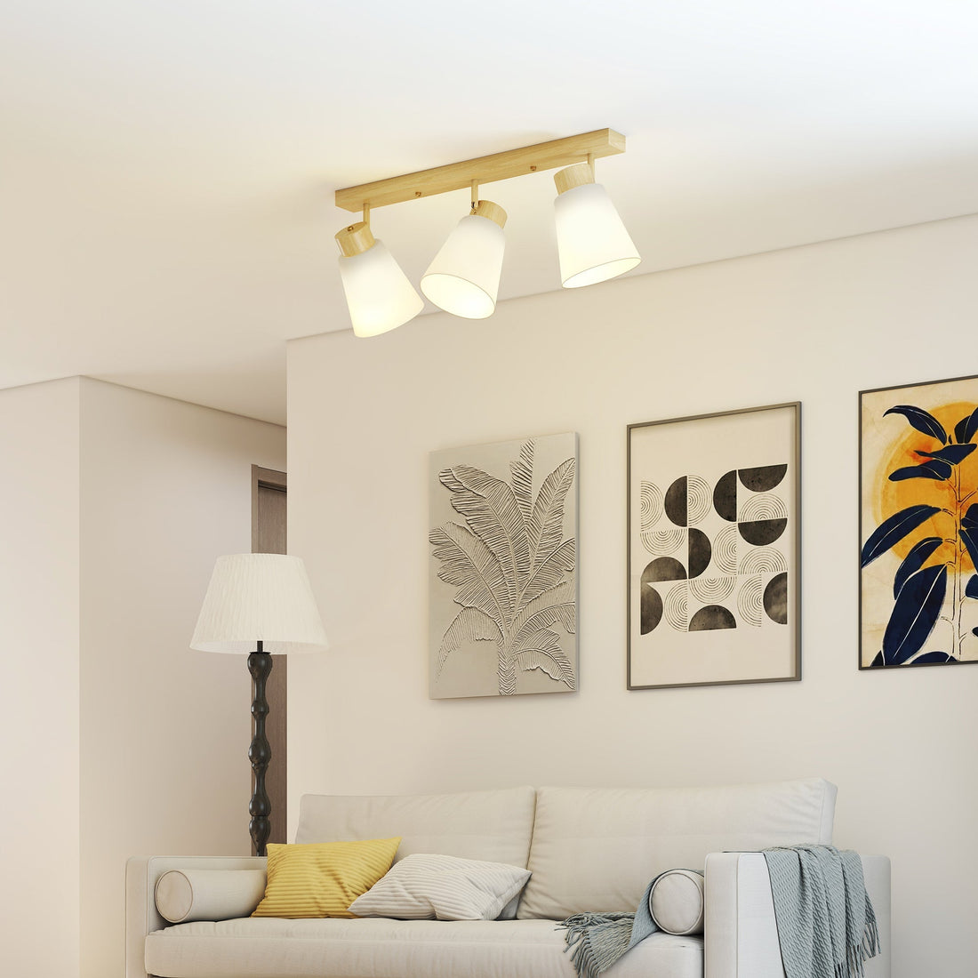 LED-plafondlamp met 3 verstelbare E27-spots | Kleur: Bruin + Wit | Afmetingen: 55x13x20 cm