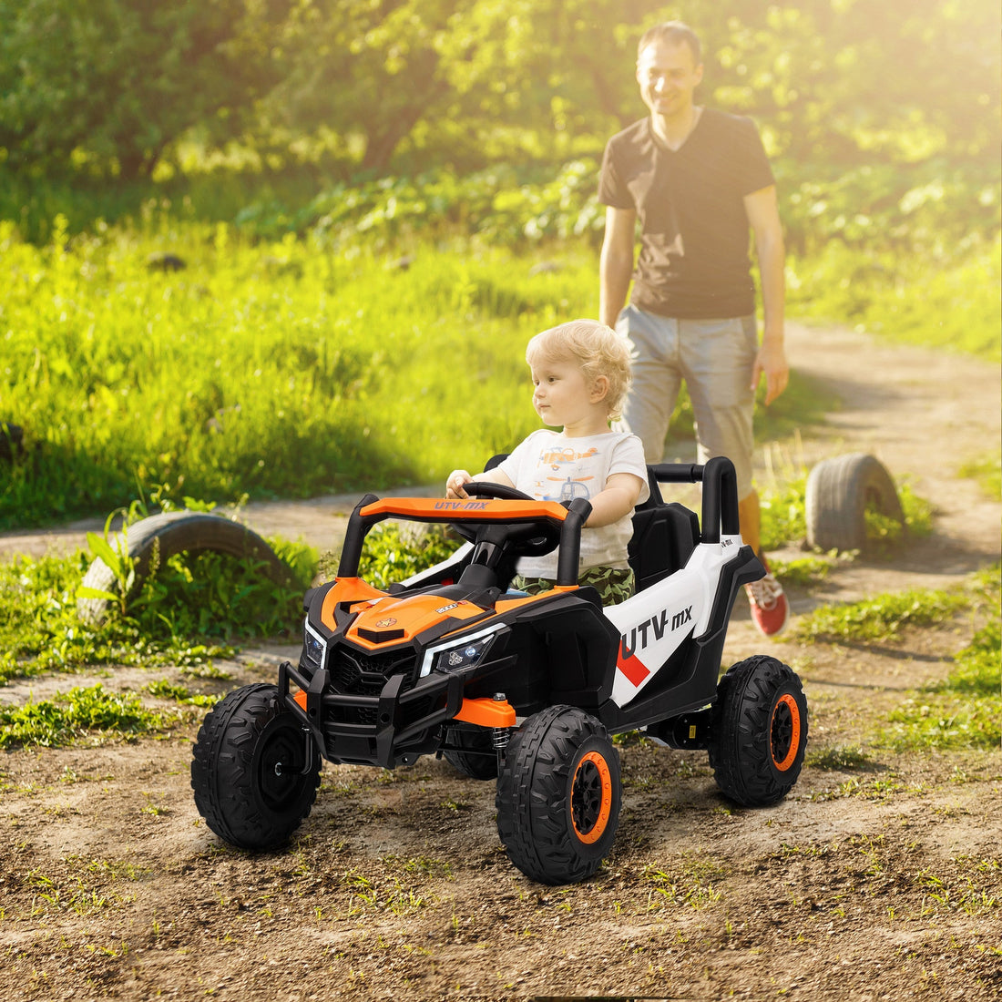 12V Elektro-Kinderauto mit Fernbedienung und LED | Farbe: Orange+Schwarz | Abmessungen: 61x96x56 cm