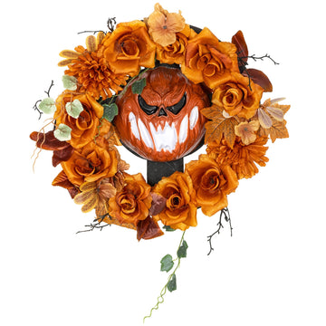 Halloweenkrans met enge pompoen en LED's | Kleur: Oranje | Afmetingen: 44x9x44 cm