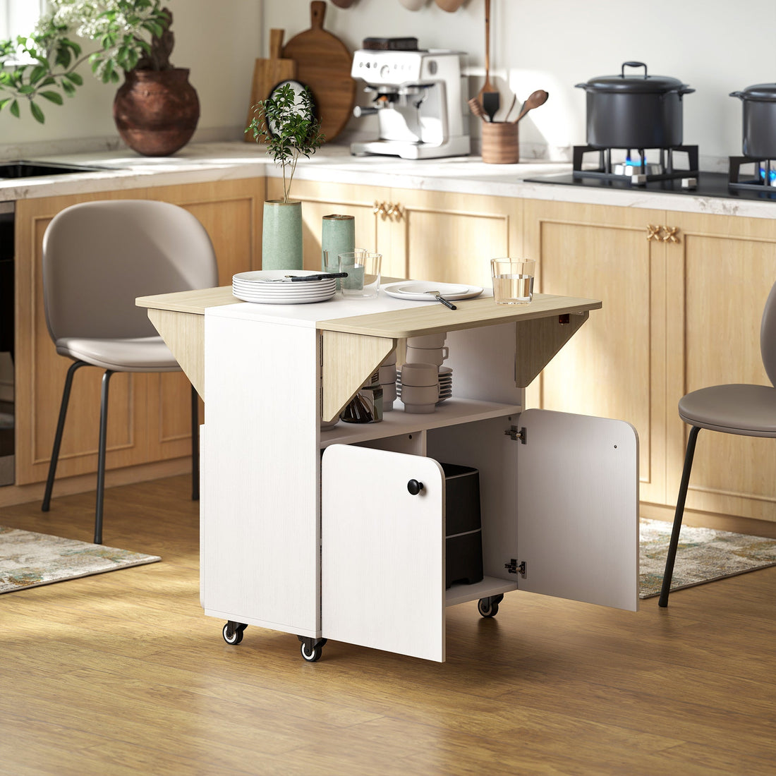 Opvouwbare roltafelkast - Dubbele klaptafel | Kleur: Wit, bruin | Afmetingen: 83x70x75 cm