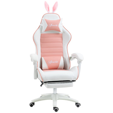 Ergonomische gamestoel met voetensteun | Kleur: Roze + Wit | Afmetingen: 63x65x136-142 cm