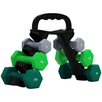 Dumbbellset met 6 halters en standaard | Kleur: Grijs+Groen+Turquoise | Afmetingen: 42x10x30 cm