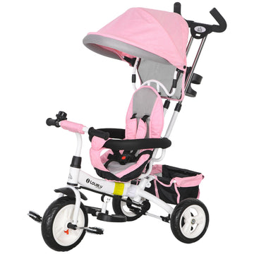 Kinderdriewieler met zonnescherm en duwstang | Kleur: Roze, zwart | Afmetingen: 50x95x106 cm