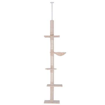 Kattenkrabpaal - Kattenboom met 5 niveaus | Kleur: Beige | Afmetingen: 34x40x230-260 cm