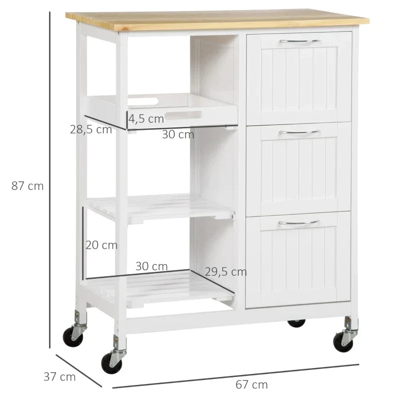 Keukentrolley met 3 laden en dienblad | Kleur: Naturel+Wit | Afmetingen: 37x67x87 cm