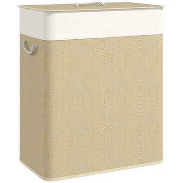Bamboe wasmand met deksel 100 L en 2 vakken | Kleur: Wit | Afmetingen: 32x52x63 cm