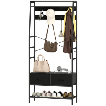 Kapstok met schoenenrek, kledingrek en 2 lades | Kleur: Zwart | Afmetingen: 80x30x180.5 cm
