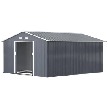 Metalen tuinschuur met vloer - Dubbele deur | Kleur: Grijs | Afmetingen: 386x340x200 cm