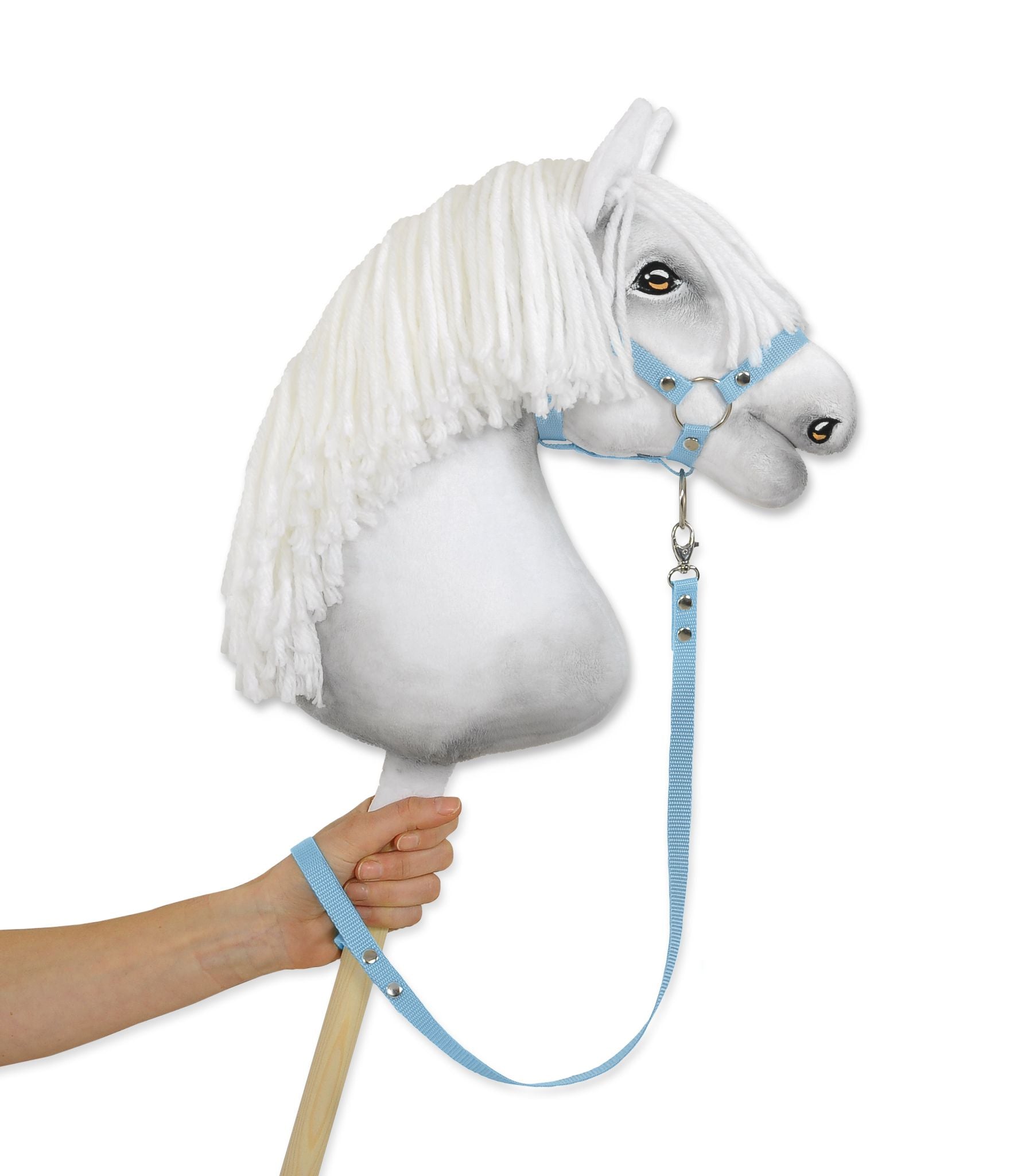 Teugel voor stick paardje - hoofdstel - stevig en handgemaakt nylon, lichtblauw, 64,5 cm