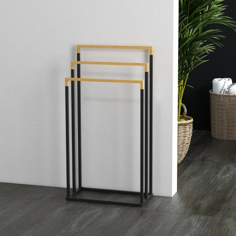 Handdoekenrek 3-laags - Vrijstaand bamboe | Kleur: Zwart+Natuurlijk | Afmetingen: 22.5x45x86 cm