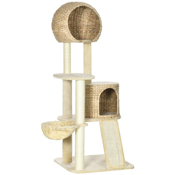 Kattenkrabpaal met hangmat en kattenhuis | Kleur: Beige | Afmetingen: 60x60x150 cm
