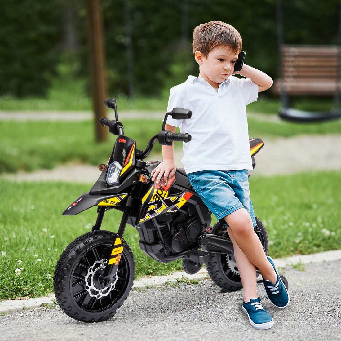 12V Kindermotorrad mit Stützrädern, LED und Musik | Farbe: Gelb | Maße: 56x106.5x80 cm