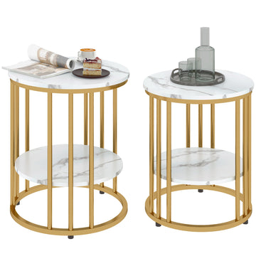 2-delige marmerlook salontafelset | Kleur: Goud, wit | Afmetingen: 45x45x55/40x40x50,5 cm