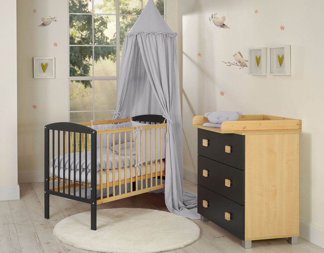 Muslin hängande baldakin, barnrums himmelsäng, handgjord och termoreglerande, grå