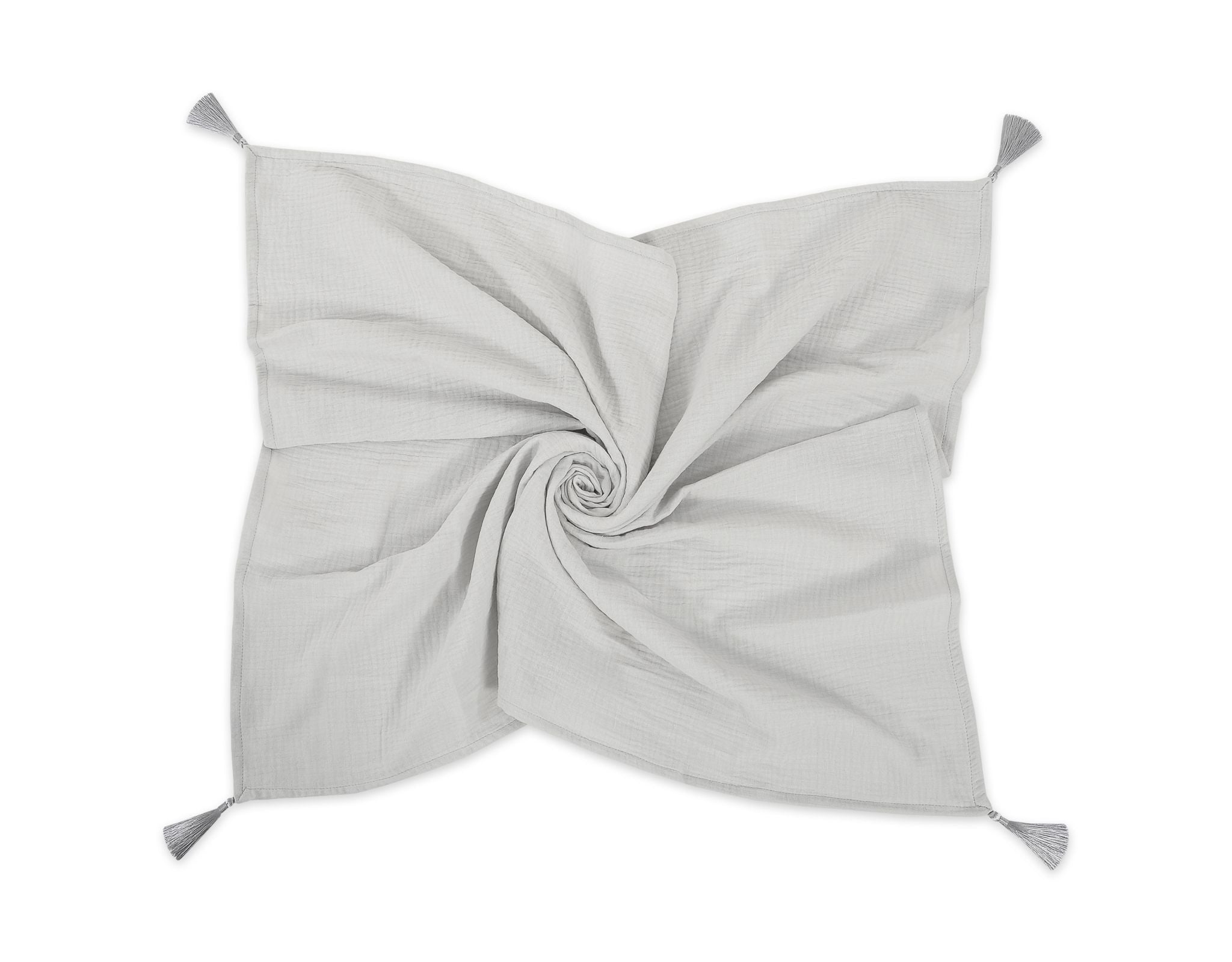 Muslinfilt - bomullspläd för baby - andningsbar och termoreglerande, med tofsar, grå