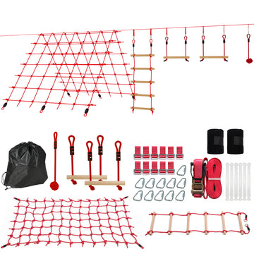 Ninja slackline set met klimnet en ringen | Kleur: Rood | Afmetingen: 300x1000x180 cm