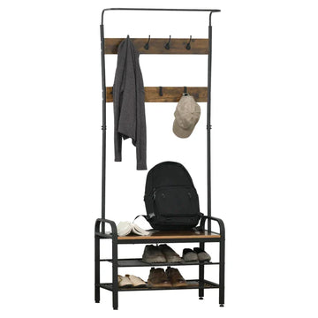 Kapstok met schoenenrek en 8 haken | Kleur: Zwart, houtnerfkleur | Afmetingen: 72x34x185 cm
