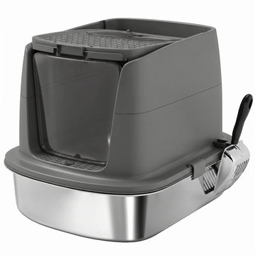 Gesloten RVS kattenbak met schep | Kleur: Donkergrijs | Afmetingen: 41,3x52,4x39,8 cm