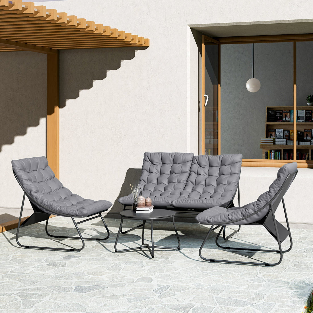 4-teilige Lounge-Sitzgruppe mit Rundtisch | Farbe: Grau | Abmessungen: 87x122x85 cm