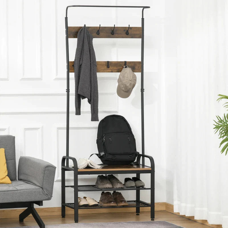 Kapstok met schoenenrek en 8 haken | Kleur: Zwart, houtnerfkleur | Afmetingen: 72x34x185 cm