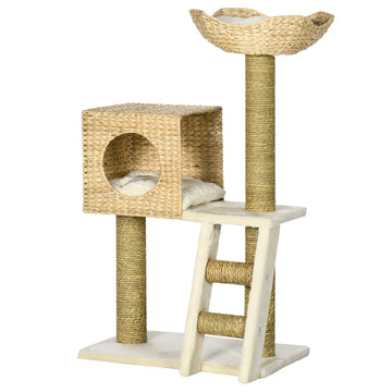 Kattenkrabpaal met Kattenhuis en Ligbed | Kleur: Wit/Bruin | Afmetingen: 37x57x100.5 cm