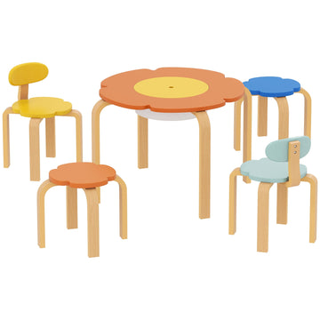 5-delige kindertafel- en stoelenset in bloemvorm | Kleur: Oranje, geel | Afmetingen: 69x69x45 cm