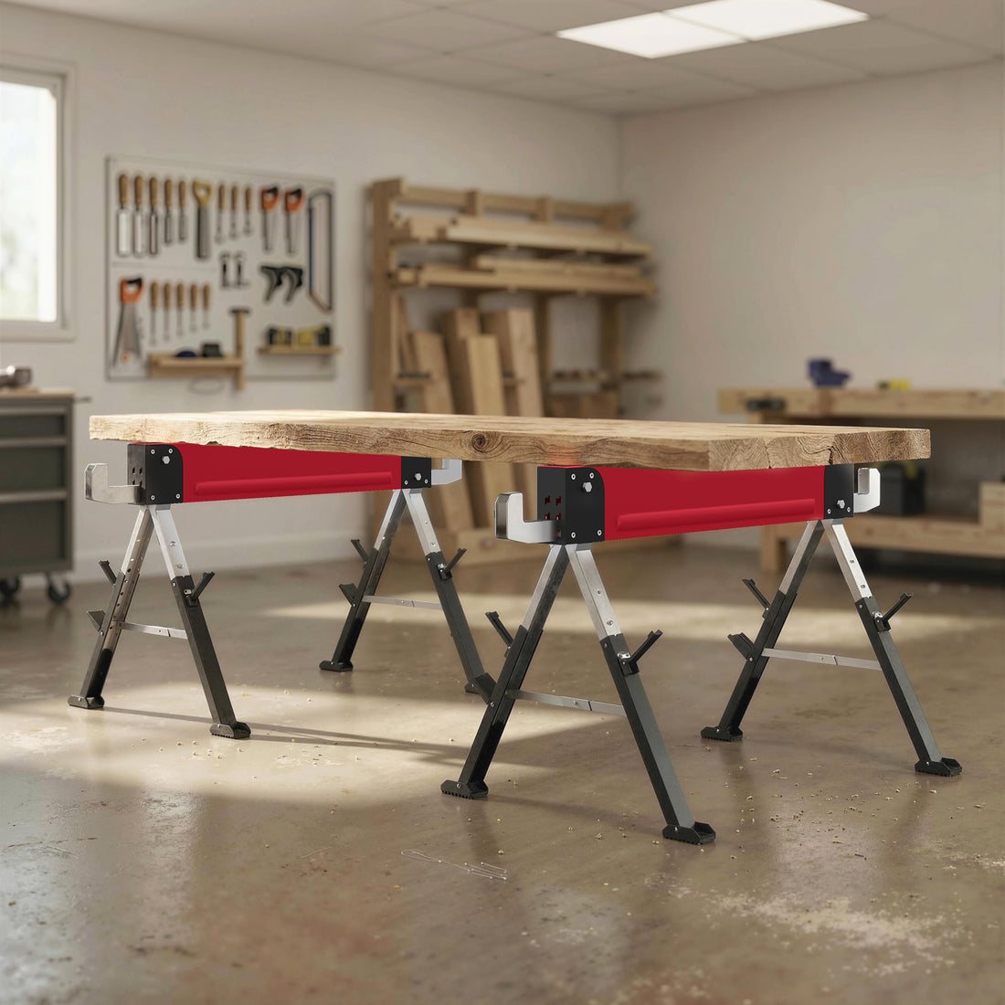 2-delige werkbokset - inklapbare zaagbokken | Kleur: Rood | Afmetingen: 64x116x64-81 cm