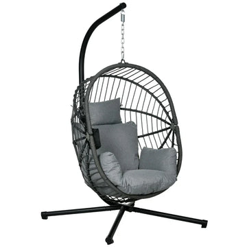 Hangstoel met frame en kussen - Opvouwbare eierstoel | Kleur: Grijs | Afmetingen: 106x120x188 cm