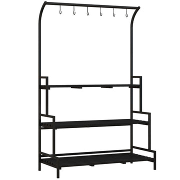 Plantenstandaard - 3 etages, 6 haken, metalen frame | Kleur: Zwart | Afmetingen: 110x50x170 cm
