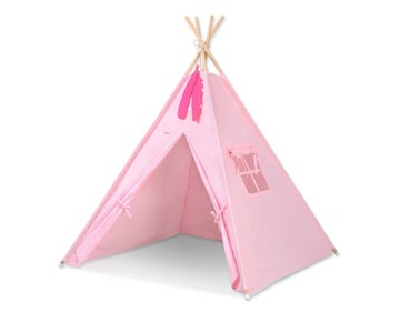 Teepee tent, speeltent, lichtgewicht & opvouwbaar - roze - incl. decoratieve veren - katoen