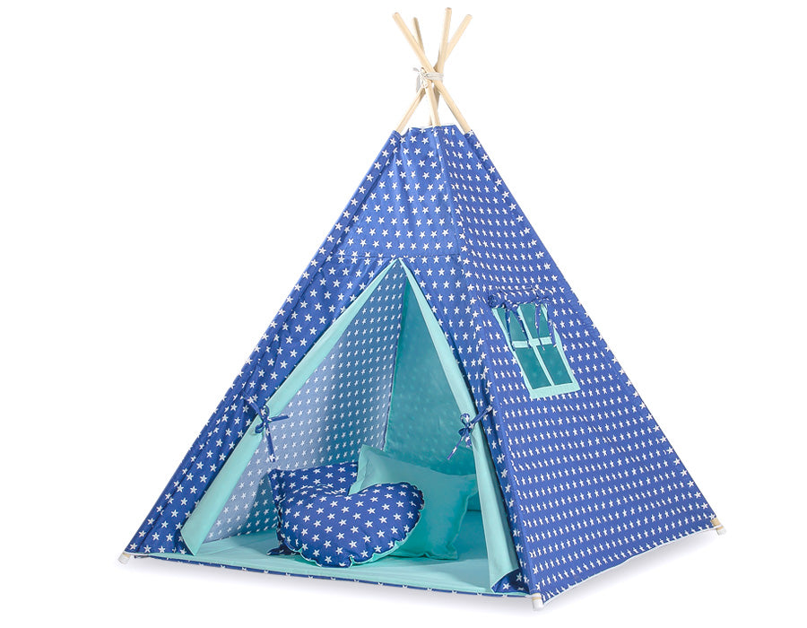 Tipi tent voor kinderen, speeltent, lichtgewicht & opvouwbaar – navy met sterren & decoratieve veren