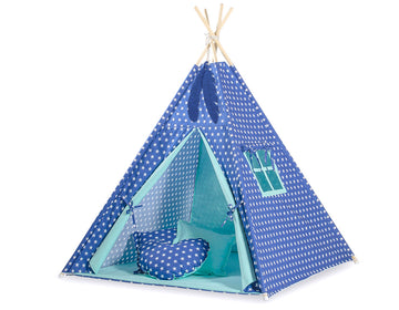 Tipi tent voor kinderen, speeltent, lichtgewicht & opvouwbaar – navy met sterren & decoratieve veren