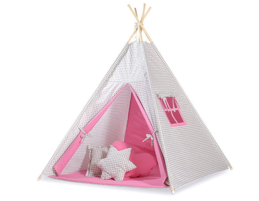 Tipi-tent grijs geruit - speeltent - lichtgewicht, wasbaar, ideaal voor binnen & buiten