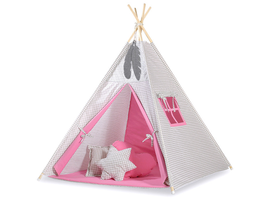 Tipi-tent grijs geruit - speeltent - lichtgewicht, wasbaar, ideaal voor binnen & buiten