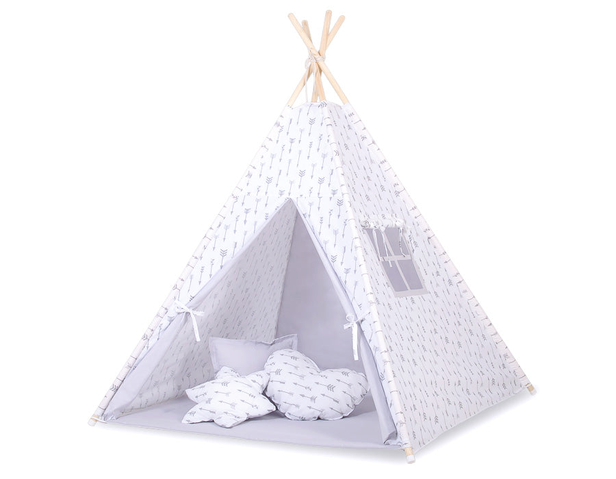 Tipi tent kind - speeltent - lichtgewicht en inklapbaar, grijze pijlen, 100% katoen