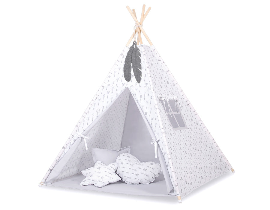 Tipi tent voor kinderen - speeltent - lichtgewicht & stabiel - grijze pijlen & speelmat