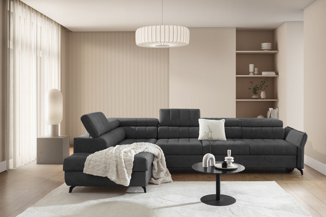 Elarias Maxi Hoekbank met Slaapfunctie | Grafiet Easy-Clean Fluweel | 320x79/97x203 cm