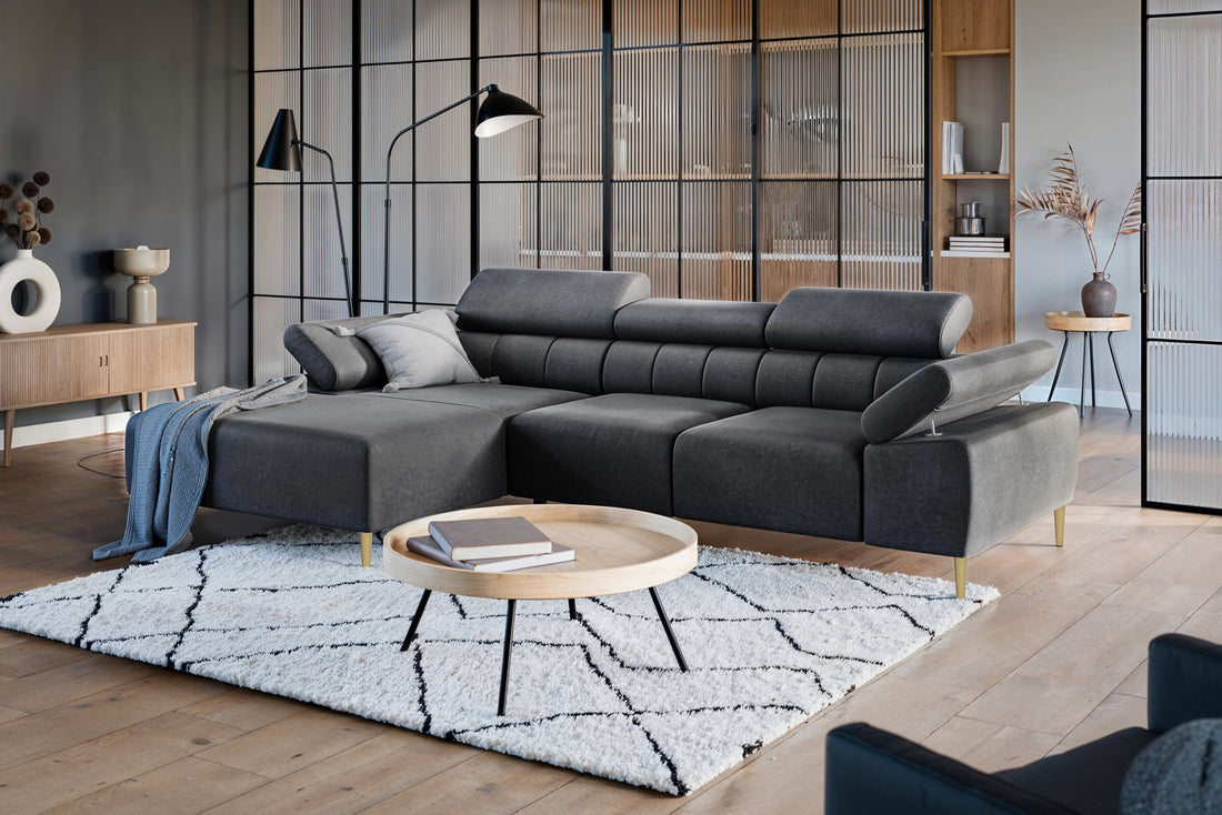 Taloria Mini hoekbank links met elektrisch uitschuifbare zitting | Kleur: Grijs fluweel
