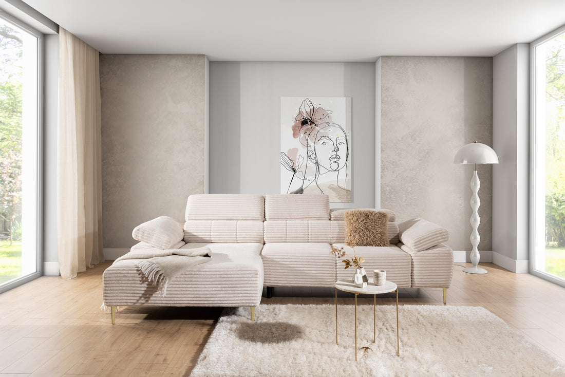Taloria Mini hoekbank links met elektrisch uitschuifbare zitting | Beige pluche | Gouden poten