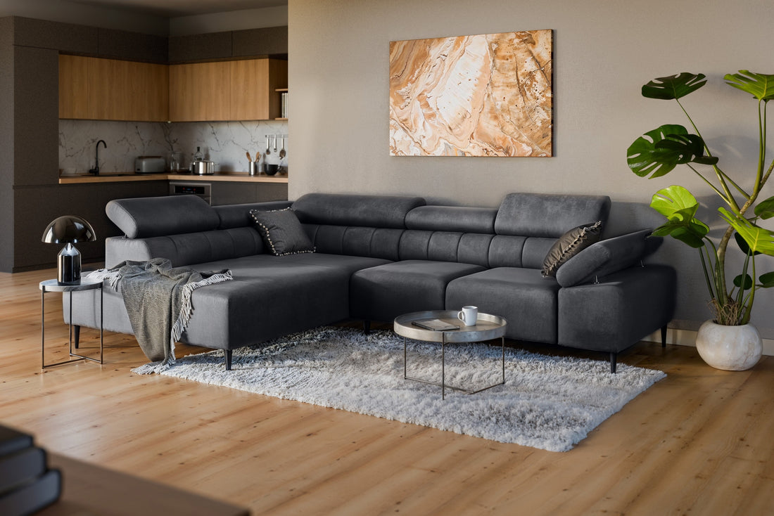 Taloria L Hoekbank Links met Elektrisch Uitschuifbare Zitting | Grafiet Easy-Clean Fluweel | Zwarte