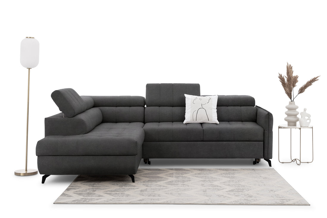 Hoekbank Elarias L met slaapfunctie en bedbox - Hydrofoob fluweel | Kleur: Grafiet