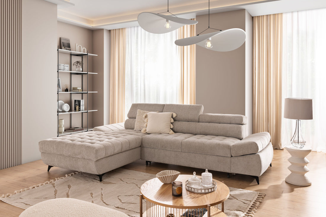 Hoekbank Links met Slaapfunctie Valoris Mini - Beige Chenille | Kleur: Beige | Maat: 290x97x203 cm